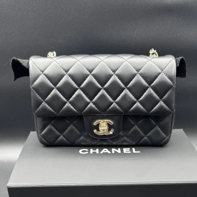 Chanel Mini Rectangular Classic Flap Bag Black Lambskin W/gold