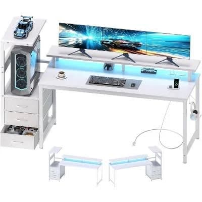 ELJGET 59-inch gaming table with drawers and 3 fabric drawers, equipped with USB ports and LED lights for the computer desk