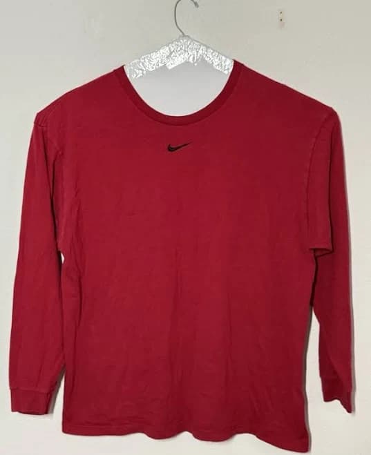 Vtg 90's Nike Men’s Red White Swoosh Long Sleeve Crew Neck T-shirt