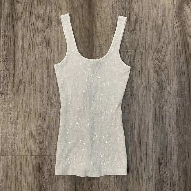 Express Women’s White Sequin Front Tank Top Ribbed Knit Scoop Neck