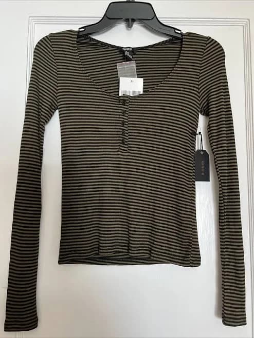 Forever 21 Striped Knit Top Black Olive Small S