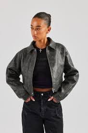 Washed Oversized PU Jacket - Charcoal | Womens Outerwear | Shop Harrington Jackets at CERNUCCI.COM – Cernucci US