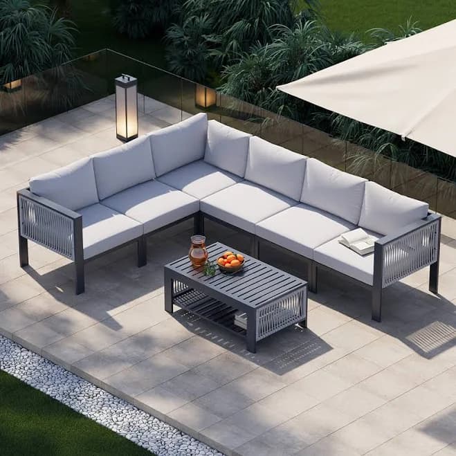 Homary 7 Pcs Modern Modular L-Shaped Patio Outdoor Sectional Sofa Set with Coffee Table
