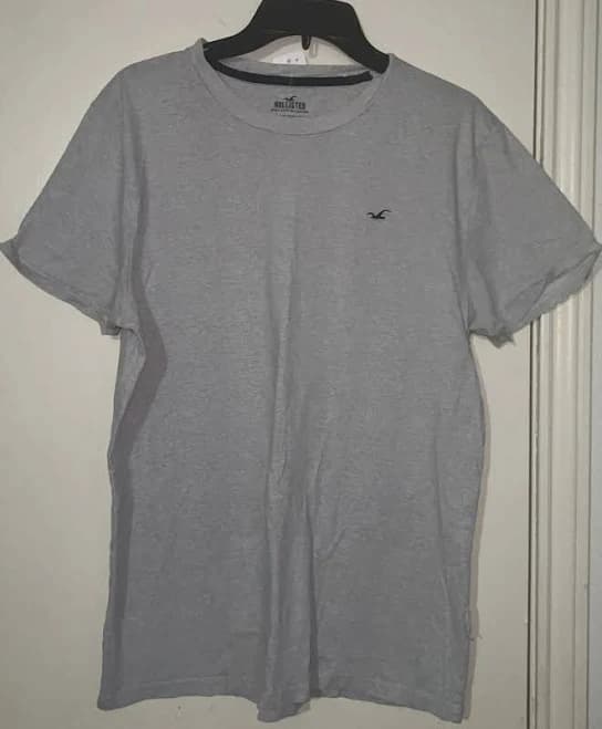 Mens Hollister Gray White Striped Short Sleeve Crew Neck Tee Shirt-