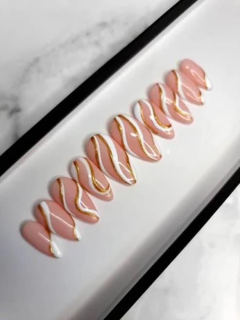 White Gold Abstract Swirl Press On Nails: Hand Painted Luxury False Nails