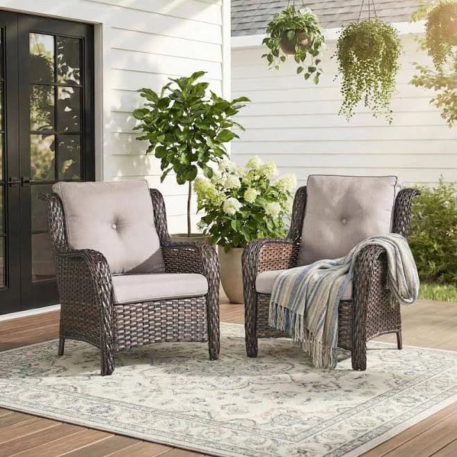 Gymojoy Carolina Brown Wicker Patio Outdoor Chair with Beige Cushions