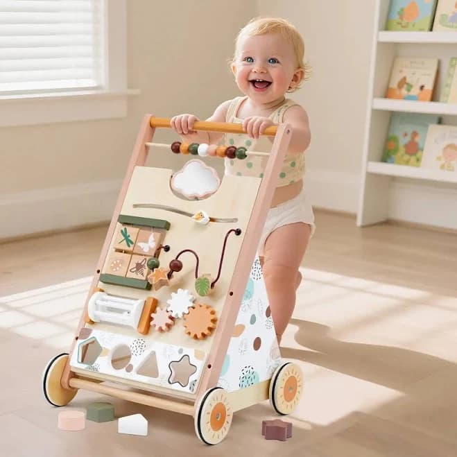 Wooden Baby Walker Push Toy with Montessori Activities | Adjustable Speed