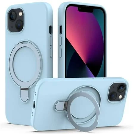 Magnetic Case for iPhone 15Compatible with MagSafe Charging with Ring Stand Heavy-Duty Protection Liquid Silicone Phone Case,Sky Blue,For iPhone 15