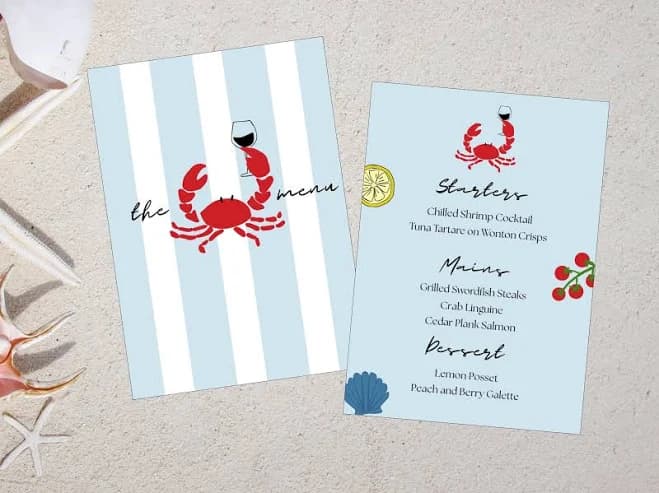 Crab Dinner Menu Template, Seafood Menu, Editable Wedding and Event Templates, Customizable Menu for Nautical Themed Dinner Party