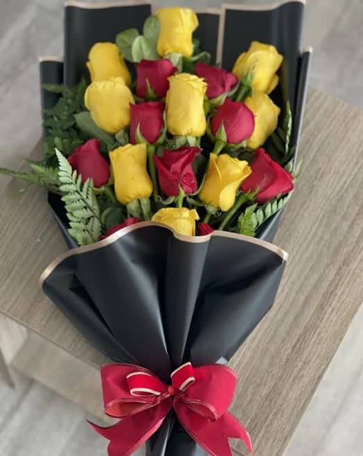 18 Red & Yellow Roses in Red and Yellow Color Paper Bouquet