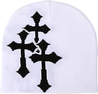Fashion Knit Beanie with Cross Pattern Y2K Unisex Soft Jacquard Cap Popular Hip-Hop Cool Street Outdoor Sports Earflap Hat