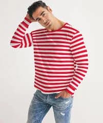 Red And White Striped Men Long Sleeve Tshirt, Thin Horizontal Stripes Unisex Women Designer Guys Graphic Printed Crew Neck Tee Shirt