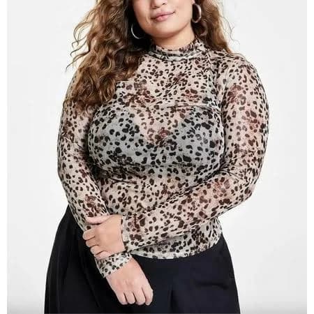 BarIII Women's Plus Size Cheetah-Print Mesh Mock-Neck Top