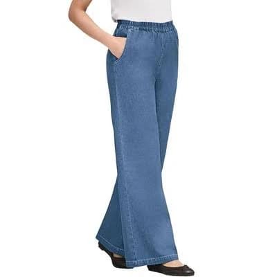 Woman Within Plus Size Perfect Elastic-Waist Wide-Leg All-Cotton Pull-On Denim Jeans