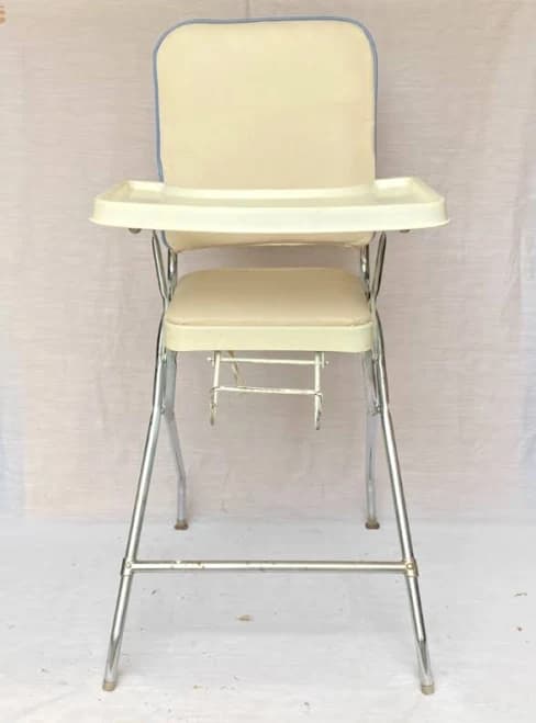 Vintage Comfort Lines Baby Folding 39" High Chair, Vinyl Padded, Retro, Multicolor, Safety Harness | High Chairs