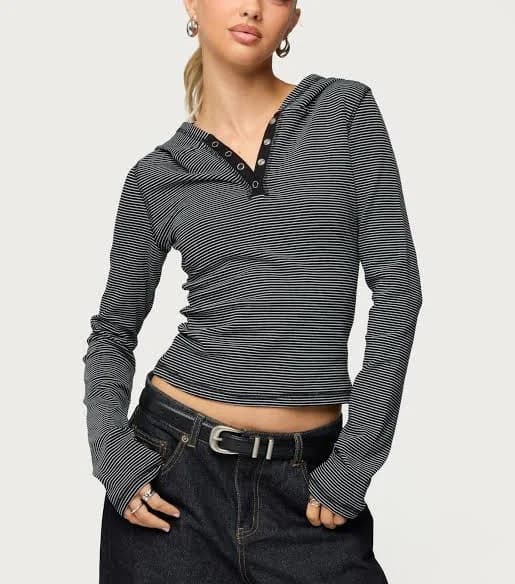 Edikted Women's Damson Striped Hooded Henley Top