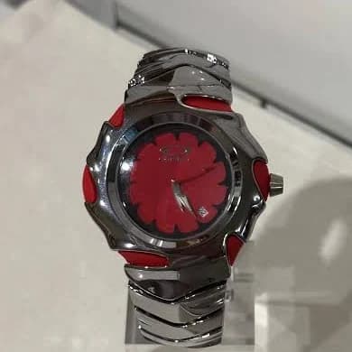 Custom Oakley Y2K Futuristic Metal Wristwatch Red Dial with Shiny Silver Red strap