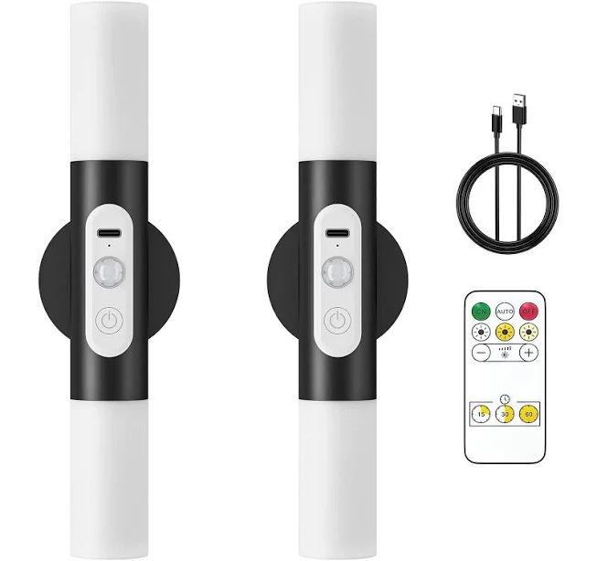 Hensam Motion Sensor Wall Lights, LED Rechargeable Sconces, Black, 2 Pack