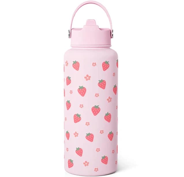 Strawberry Water Bottle 32oz Stainless Steel with Lid & Straw, Insulated Bottles for Women Girls, Gifts Ideas for Birthday Christmas