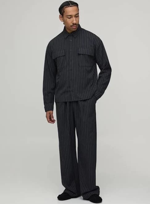 boohooMAN Men's Oversized Pinstripe Shirt & Wide Leg Trouser Set