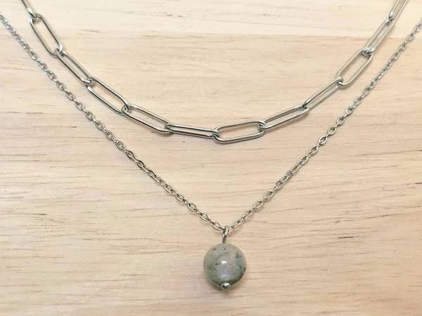 Stainless Steel Paperclip Chain Necklace Set with Moonstone Pendant