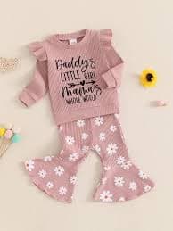 Michellecmm Baby Girl Set Ribbed Letter Long Sleeve Ruffled Tops Floral Flare Pant - Walmart.com