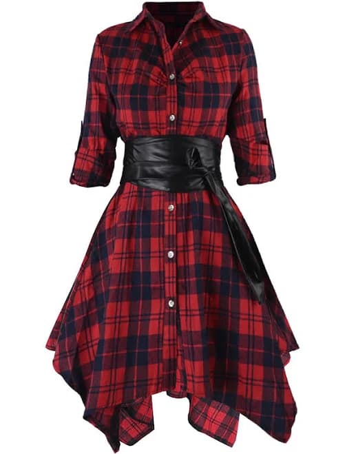 Plaid Sleeve Button Down Shirt Dress Belt