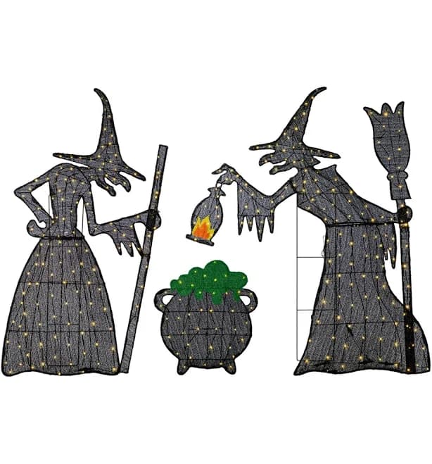 Glitzhome Lighted Halloween Witches with Cauldron Outdoor Decor with Warm White Led Lights, Set of 3 - Multi