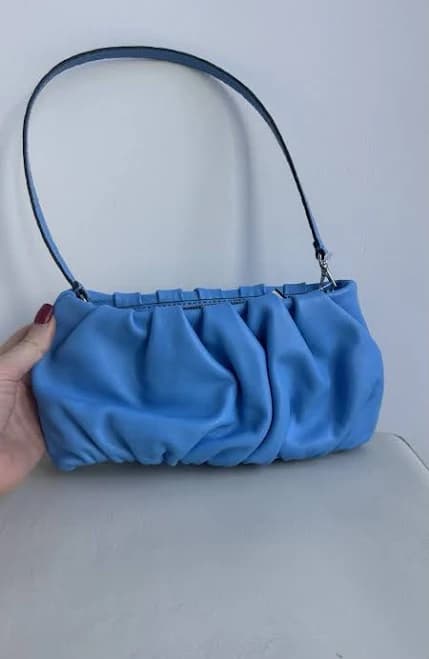 Blue Ruched Shoulder Bag For Women, Solid Rectangle With Silver