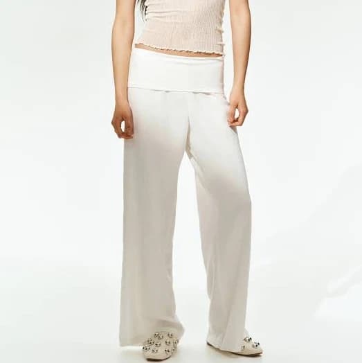 H&M Ladies Foldover-Waist Linen-Blend Pants