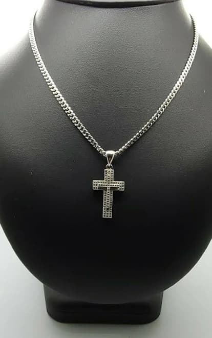 925 Sterling Silver Cuban Link 20”chain With Cz Iced Cross Pendant