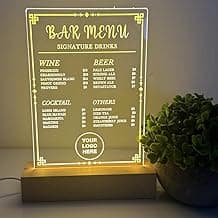 Custom Menu - Bar Restaurant Price Listing with Company Logo Image Drinks Food Menu Light Up Wood Base LED Personalized Free, Home Bar Room Man Cave Club Menu, Custom Made in America!