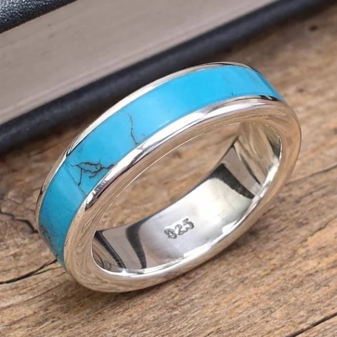 925 Sterling Silver Turquoise Inlay Western Band