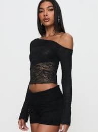Tiberius Lace Asymmetrical Long Sleeve Top Black | Princess Polly
