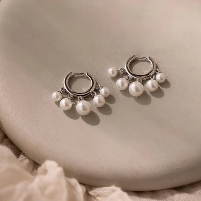 Caitlyn Minimalist 18K Gold Beaded Pearl Chandelier Huggie Hoop Earrings