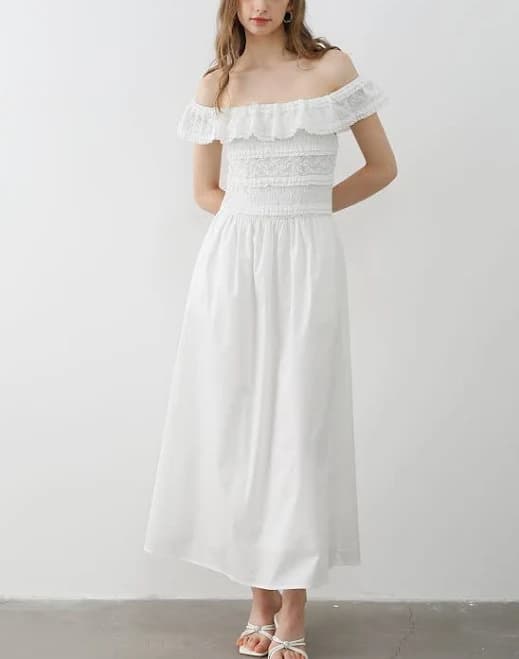 Off-Shoulder Spliced Lace Tiered Dress