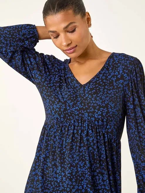 Roman Blue Abstract Print V-Neck Tunic Top