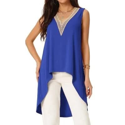 Women's Sleeveless V Neck Irregular Hem Flowy Ruched Eyelet Top