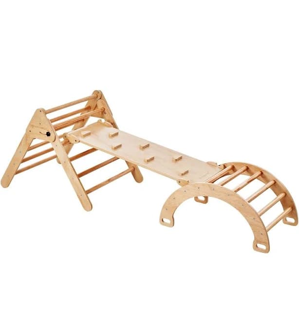 GREEN WALNUT Wooden Pikler Triangle With Rocker & Slide + Ramp | Wooden Climbing Gym Set