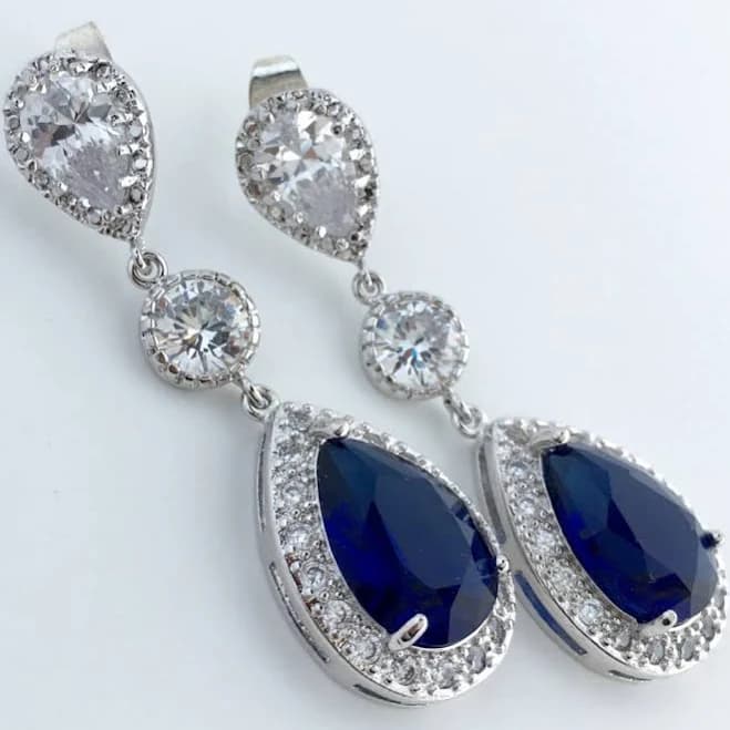 Cubic Zirconia Teardrop Blue Sapphire Bridal Earrings in Rhodium Finish