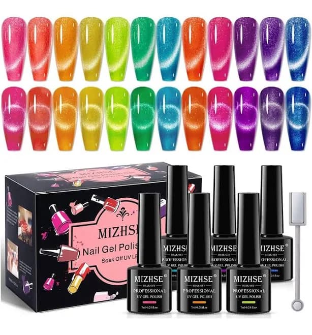 MIZHSE Neon Cat Eye Gel Nail Polish Set 12Pcs, Cateye Blue Green Pu
