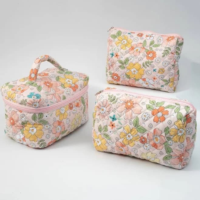 Pink Floral Quilted Travel Makeup Pouch (small)