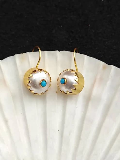 Handmade Gold Plated Shell Pearl and Turquoise Dangle Earrings
