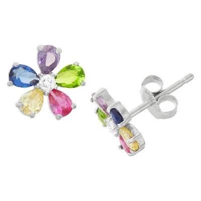 Sterling Silver Cubic Zirconia Flower Stud Earrings