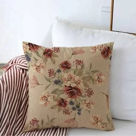 Avnaalvl Decorative Farmhouse Square Throw Pillow Cover Linen Watercolor Botanical Flowers Leaves Floral Pattern Vintage Beige Burgundy Grass ...