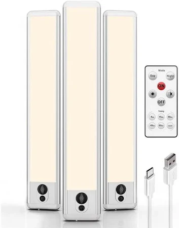 3 Pack Under Cabinet Lighting, Rechargeable Motion Sensor Light, LED Closet Lights Wireless, 3500K Dimmable, Timer, Magnetic, with Remote Control for Kitchen, Closet, Stair