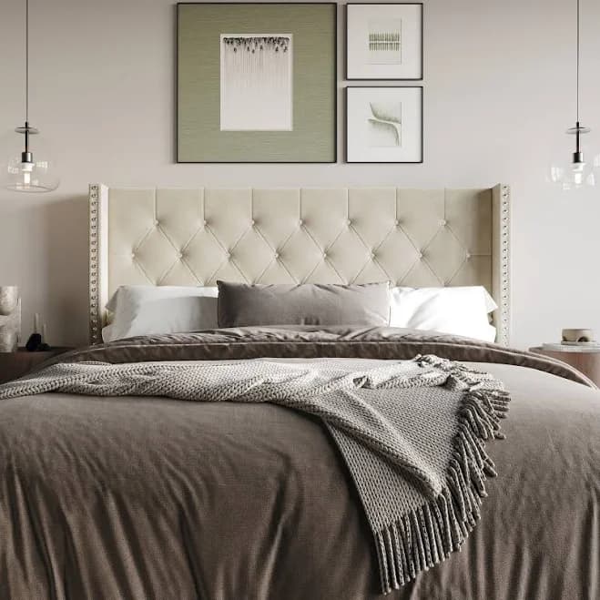 Home Design Gretna Wingback Tufted Upholstered Headboard with Nailhead Trim