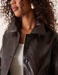 Mango button down faux leather cropped jacket in burgundy | ASOS