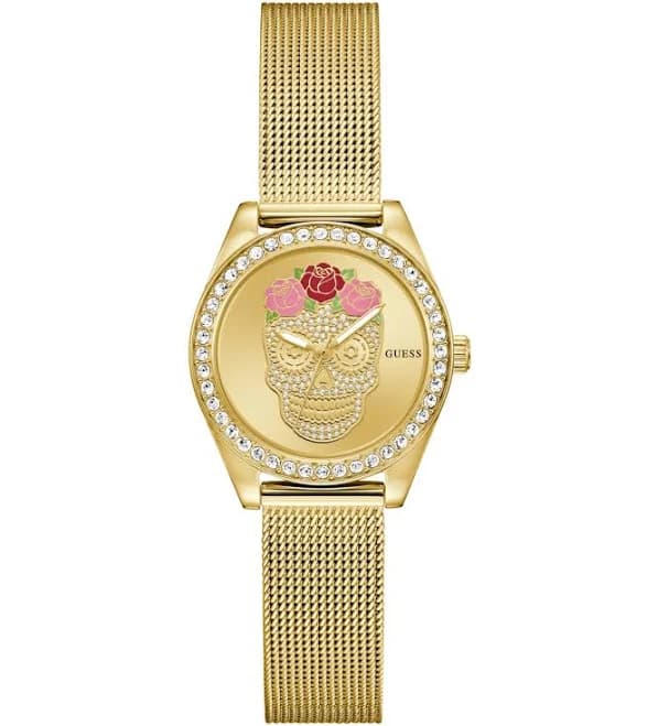 GUESS Women's Analog Watch with Crystal Bezel and Skull Motif