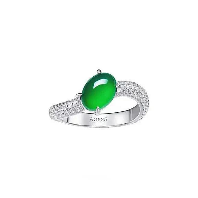 Sterling Silver Oval Green Agate & Moissanite Pave Set Wave Ring